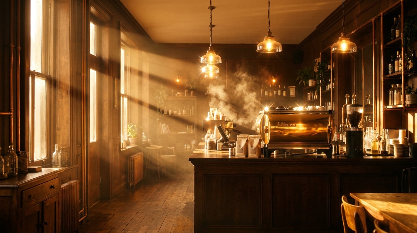 Shot 1: Golden morning coffee shop