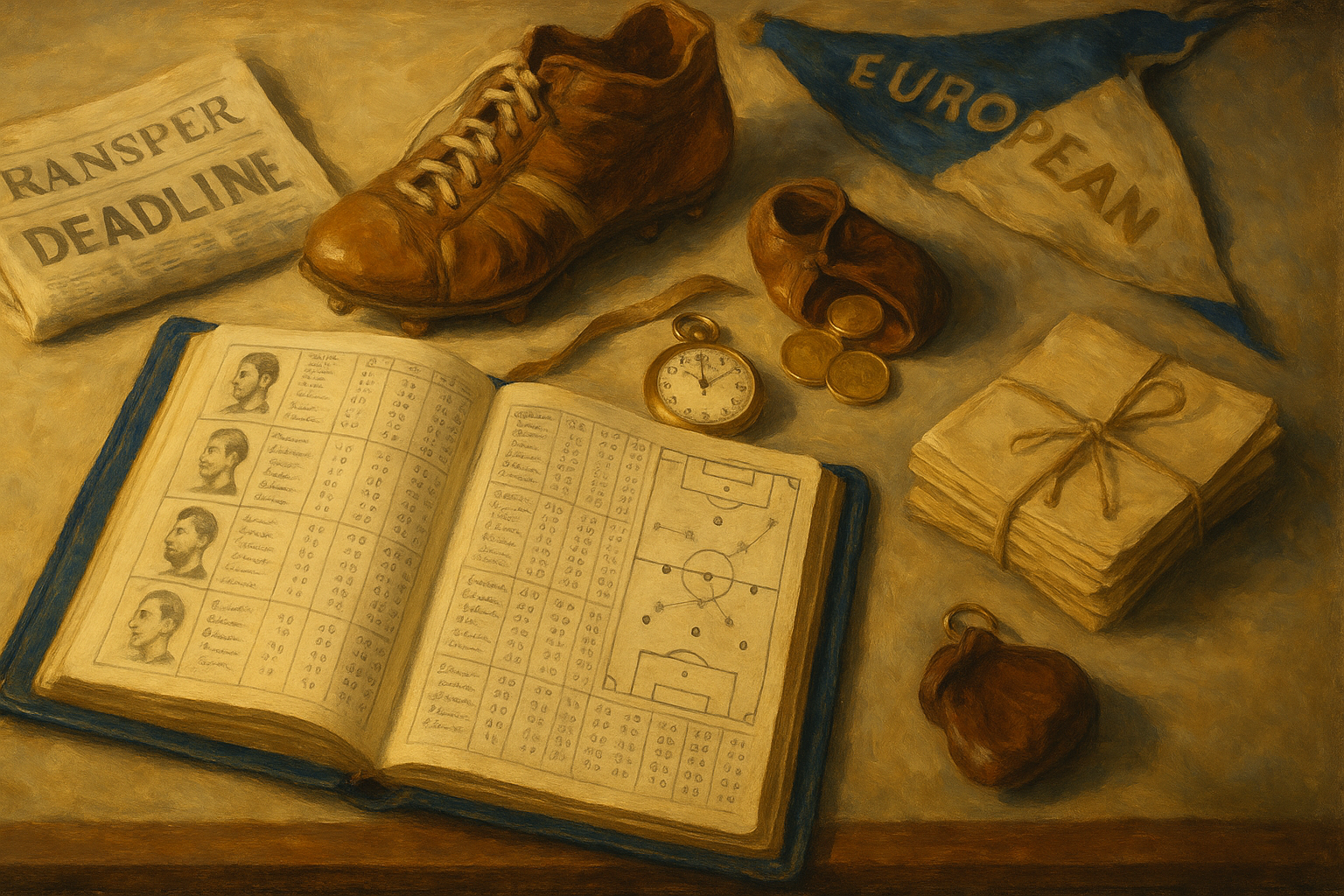 Editorial oil-painting cover: scout's notebook, vintage leather boot, brass stopwatch, European pennant