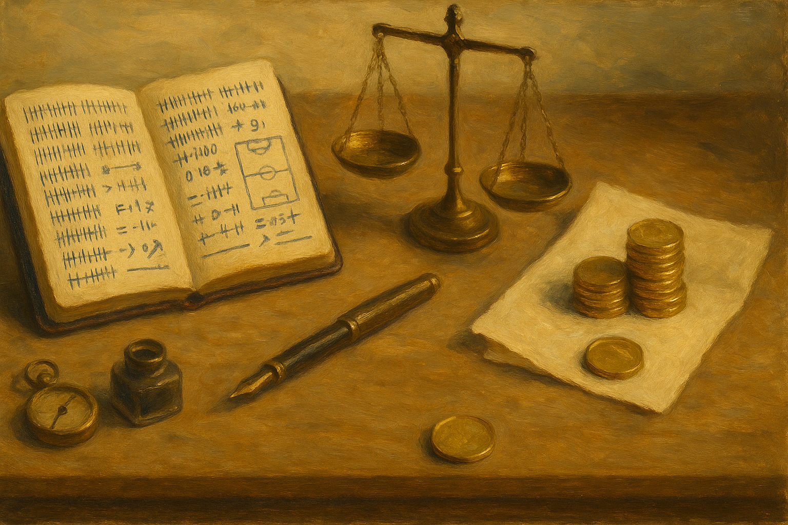 Editorial oil-painting: handwritten data notebook on left, brass scale in center, stack of gold coins on right