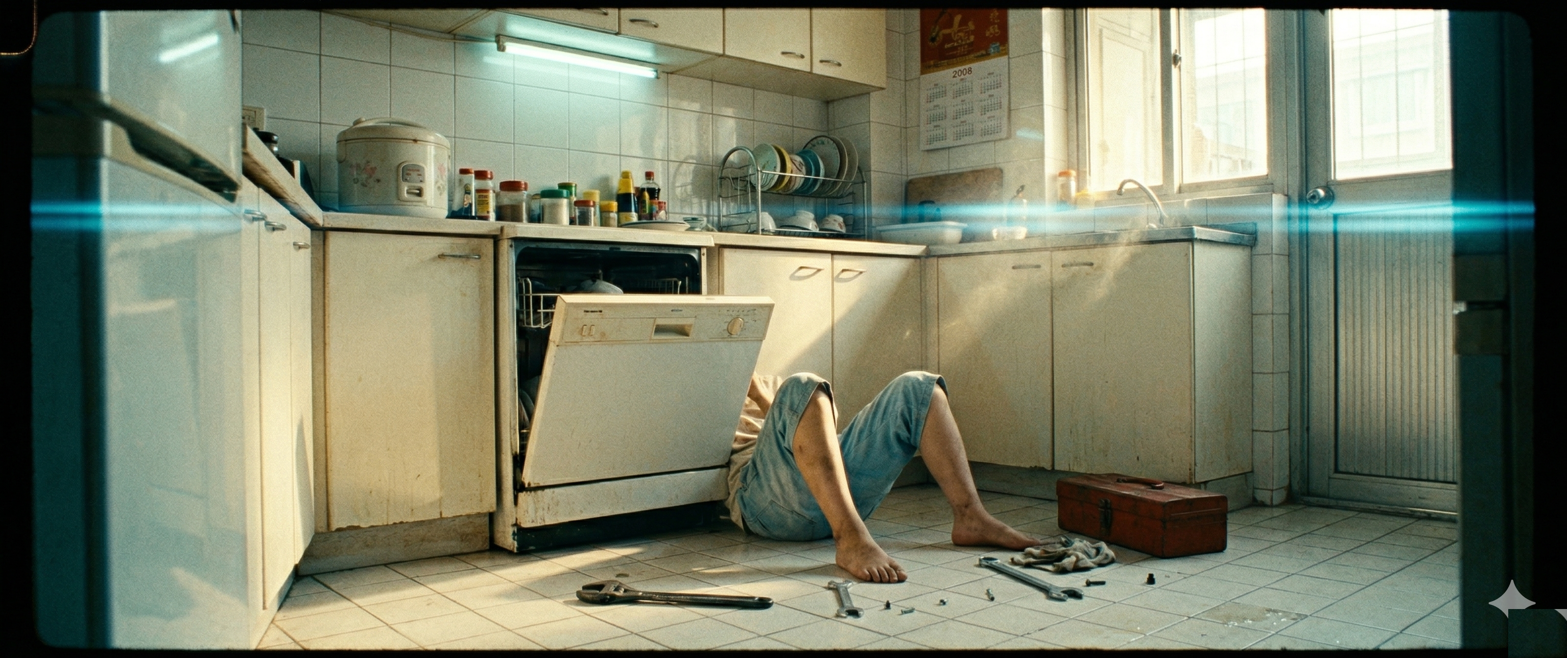 Kitchen, legs under dishwasher