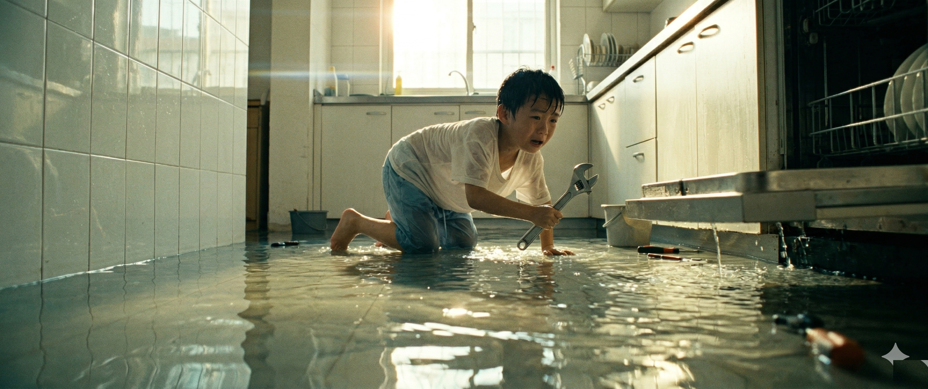 Reverse angle, flooded kitchen