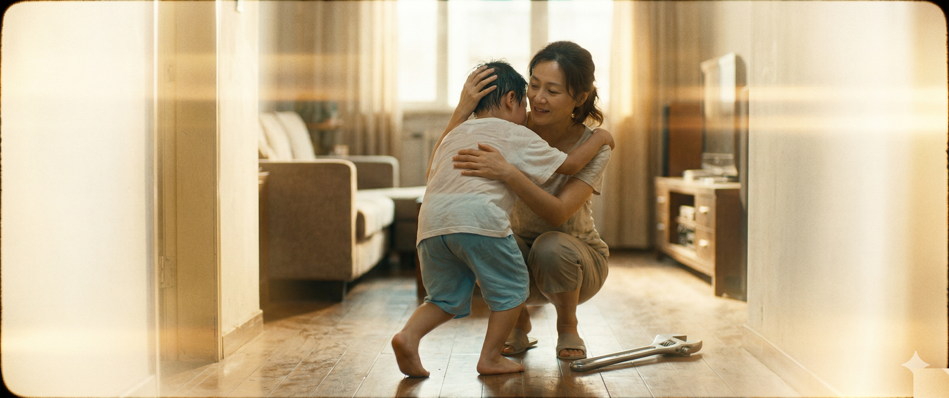 Mother's embrace, golden light