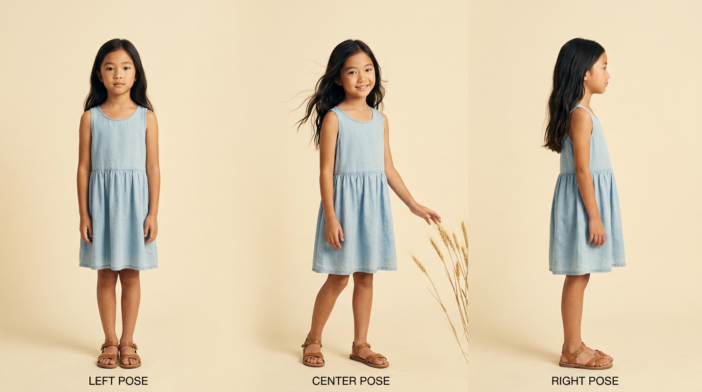 Girl (age 8-9) — 3-pose turnaround reference sheet