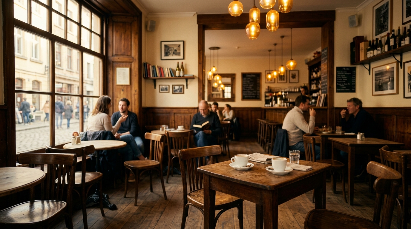 European cafe interior — pendant lamps, window light