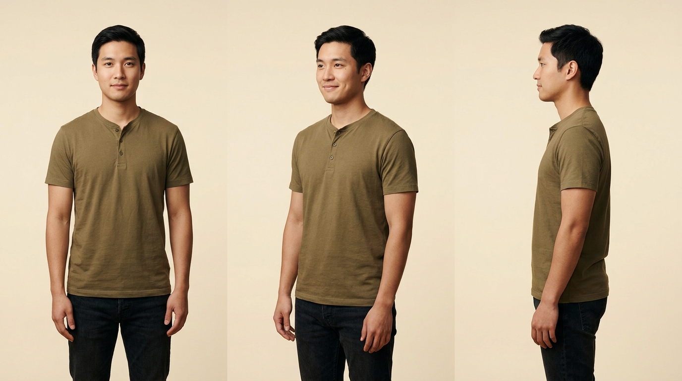 Man (late 20s) — olive henley, 3-pose turnaround