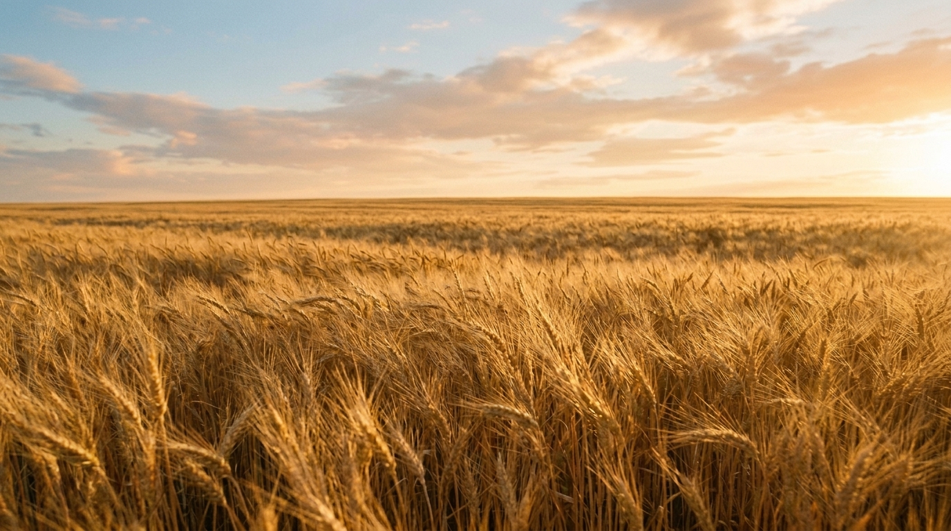 Empty wheat field, golden hour establishing