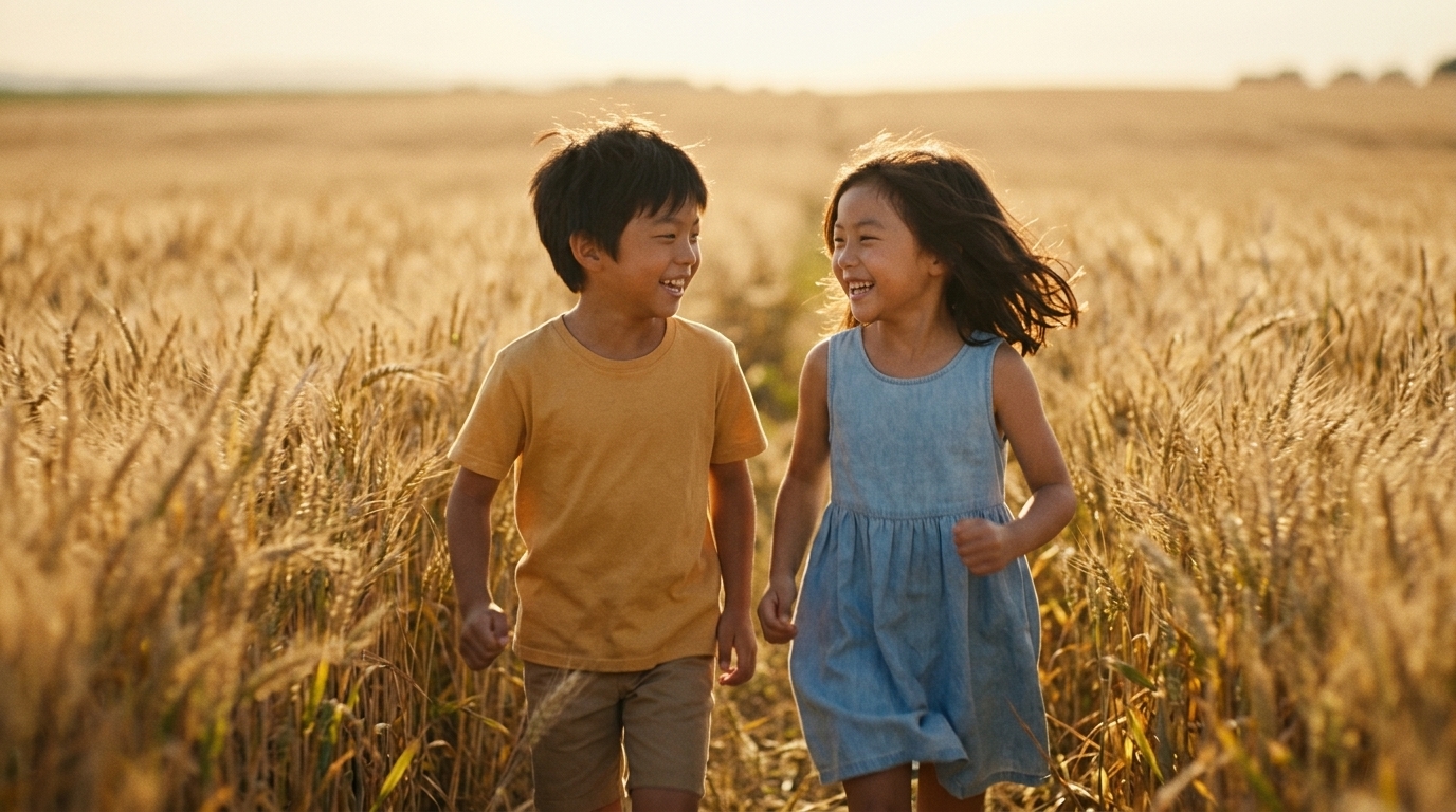 Tracking shot, children running side by side