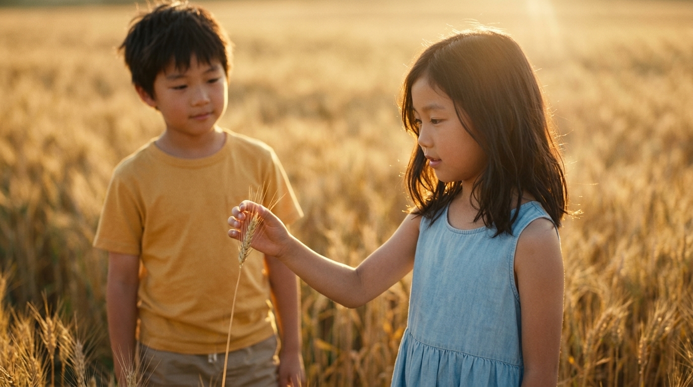 Close-up, boy glances at girl while running