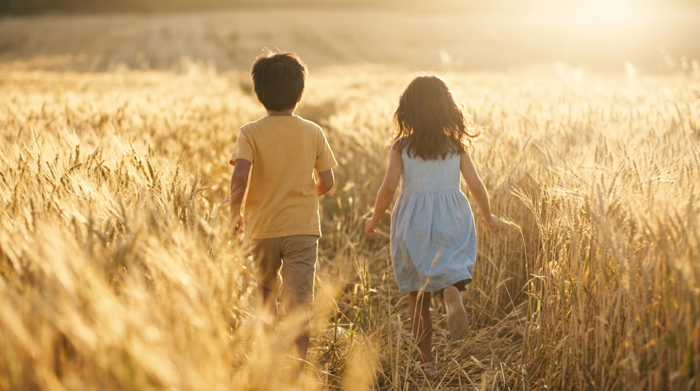 Girl touches wheat stalk, tender moment