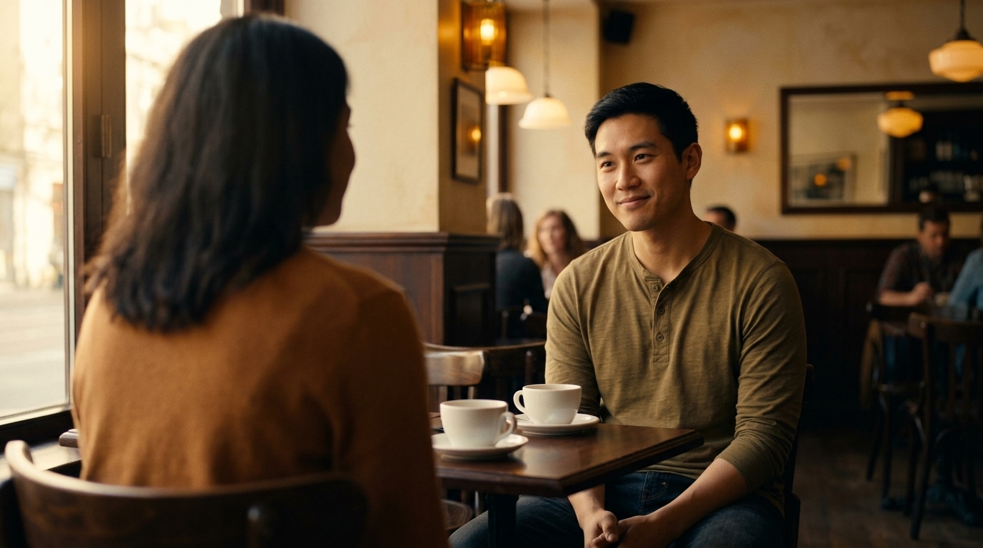 Woman at cafe table, afternoon light