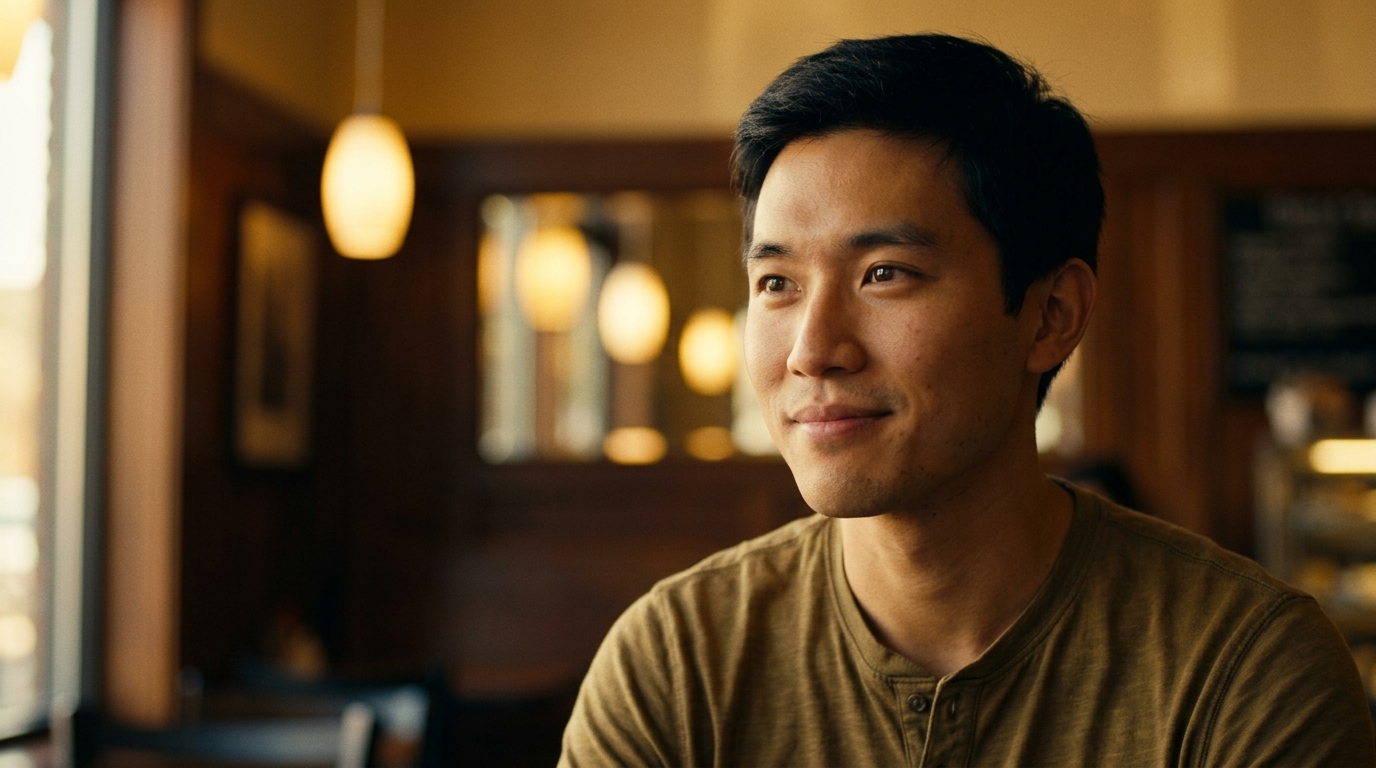 Man across the table, half-smile
