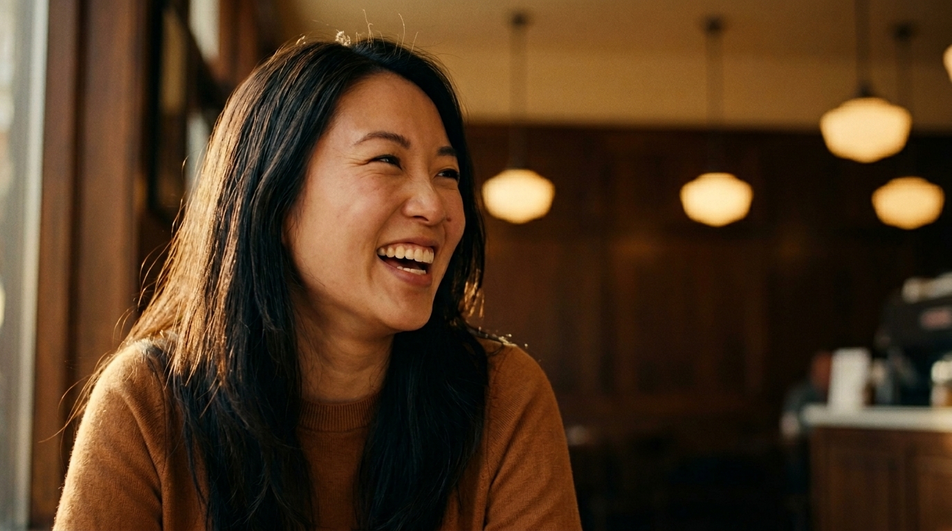 She laughs — same laugh from the wheat field