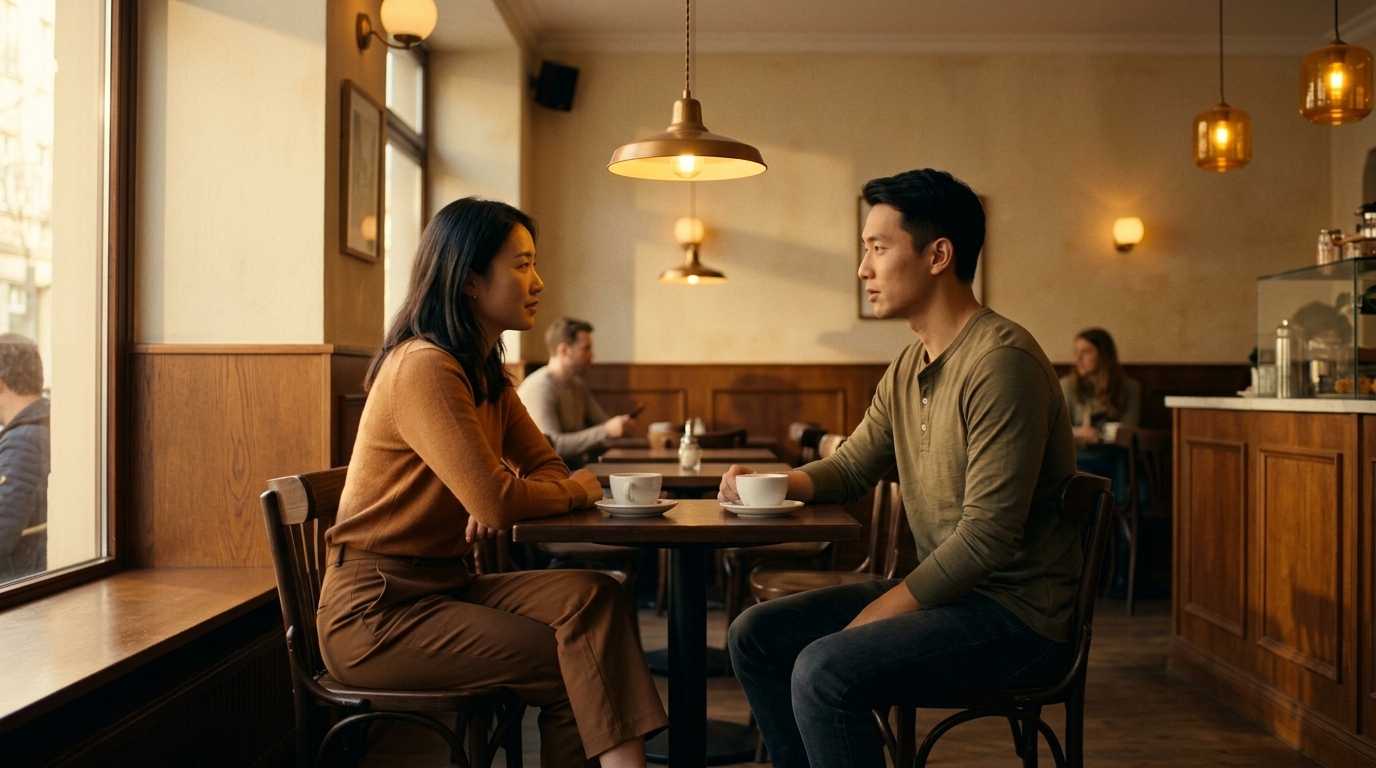 Pull back: two people in a warm cafe