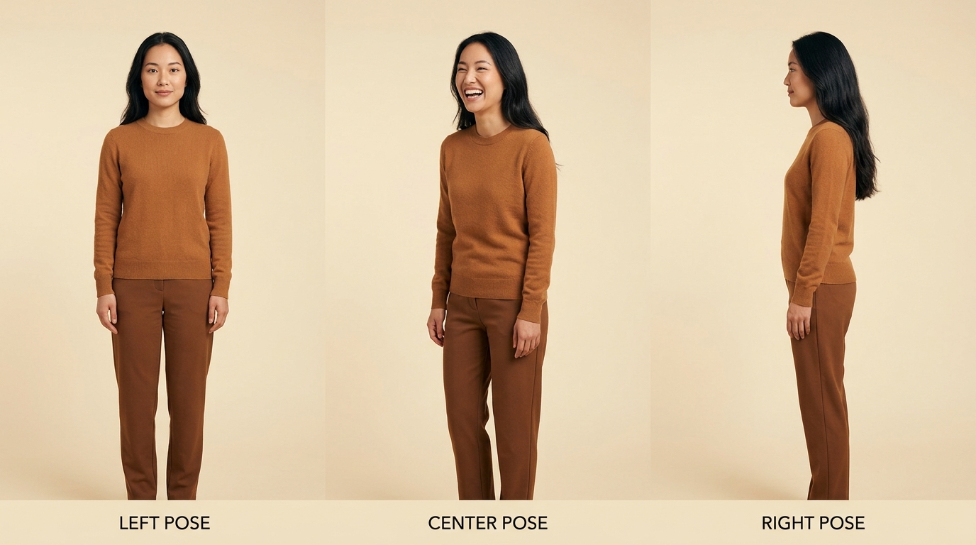 Woman (late 20s) — camel sweater, 3-pose turnaround