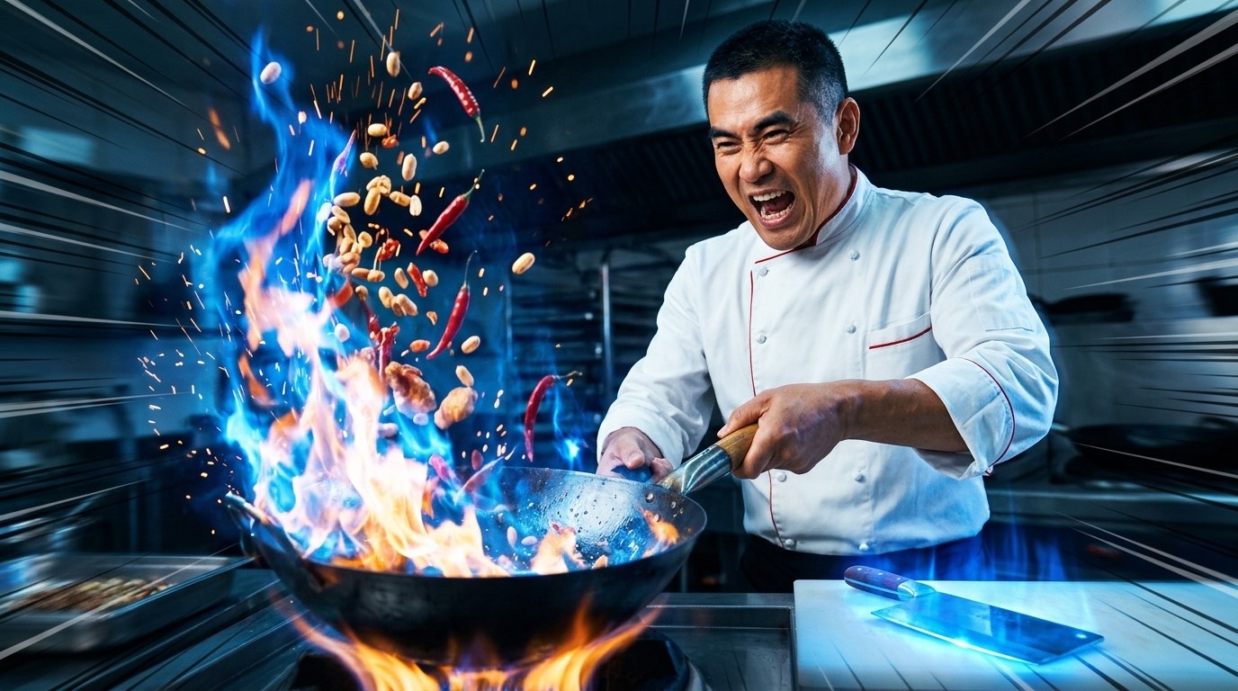 Wok toss, fire flare