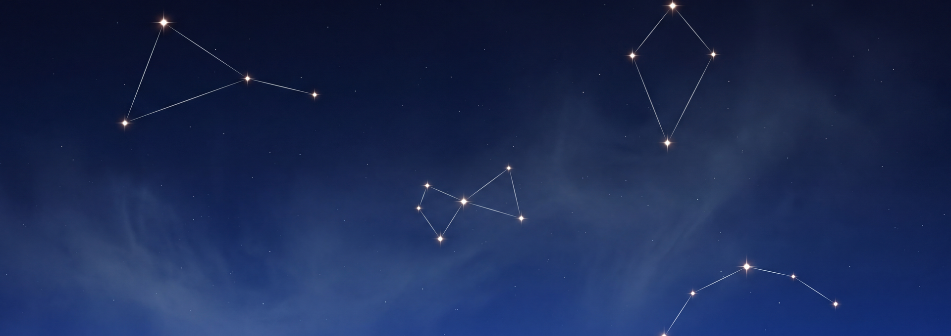 Four geometric star clusters on a deep navy gradient sky.