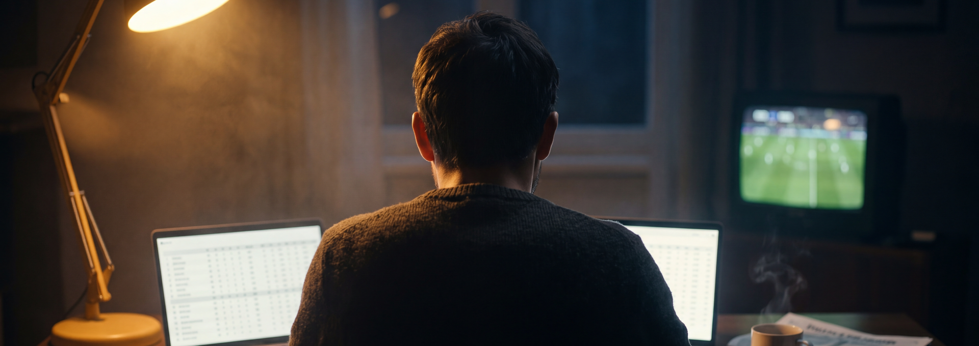 Sports Interactive researcher at a desk, multiple monitors, late evening warm light.