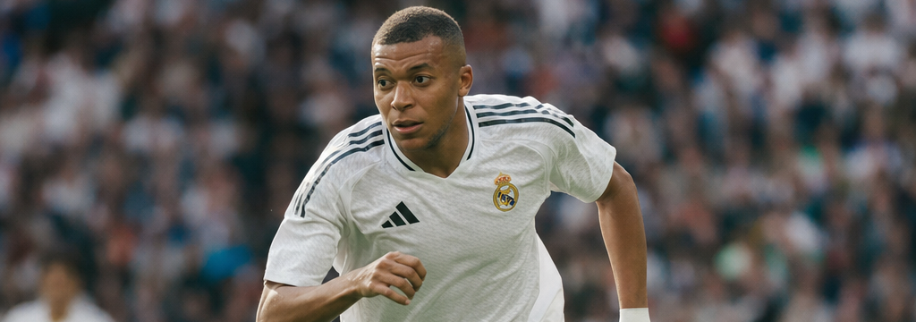 Kylian Mbappé silhouette in motion blur on a floodlit pitch.